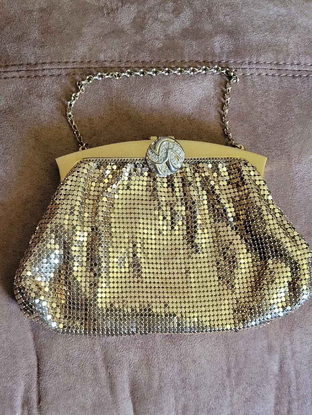 Vintage Whiting and Davis Gold Mesh Rhinestone Clasp purse